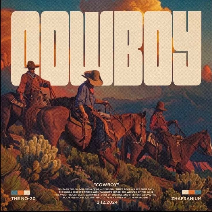 Western poster with oversized "COWBOY" display type over a painted scene of three riders on horseback through high desert at dusk
