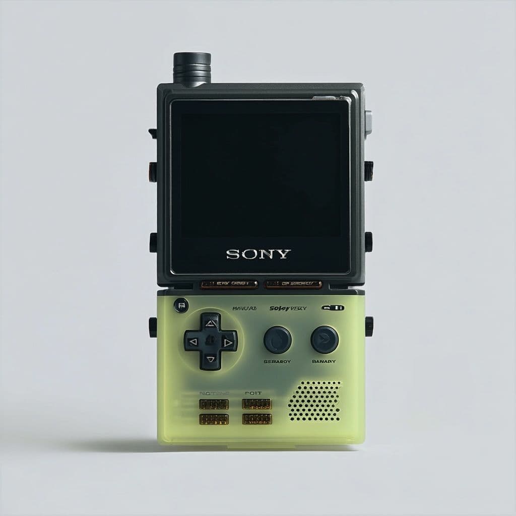 Translucent yellow-green Sony hand-held console concept on a near-white seamless