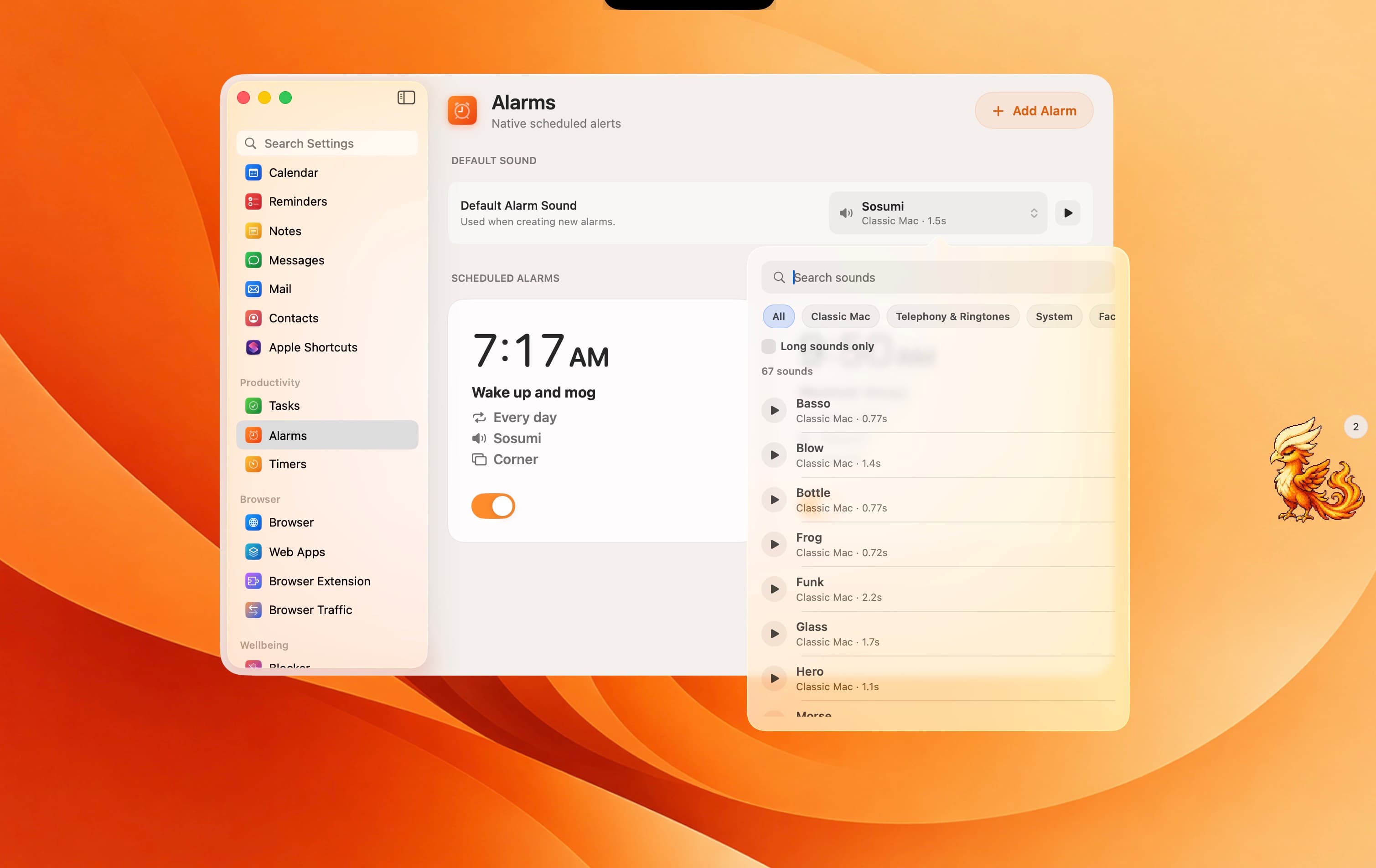macOS-style settings app titled "Alarms" with a left sidebar, a scheduled 7:17 AM alarm card, and an open sound-picker popover over an orange wallpaper
