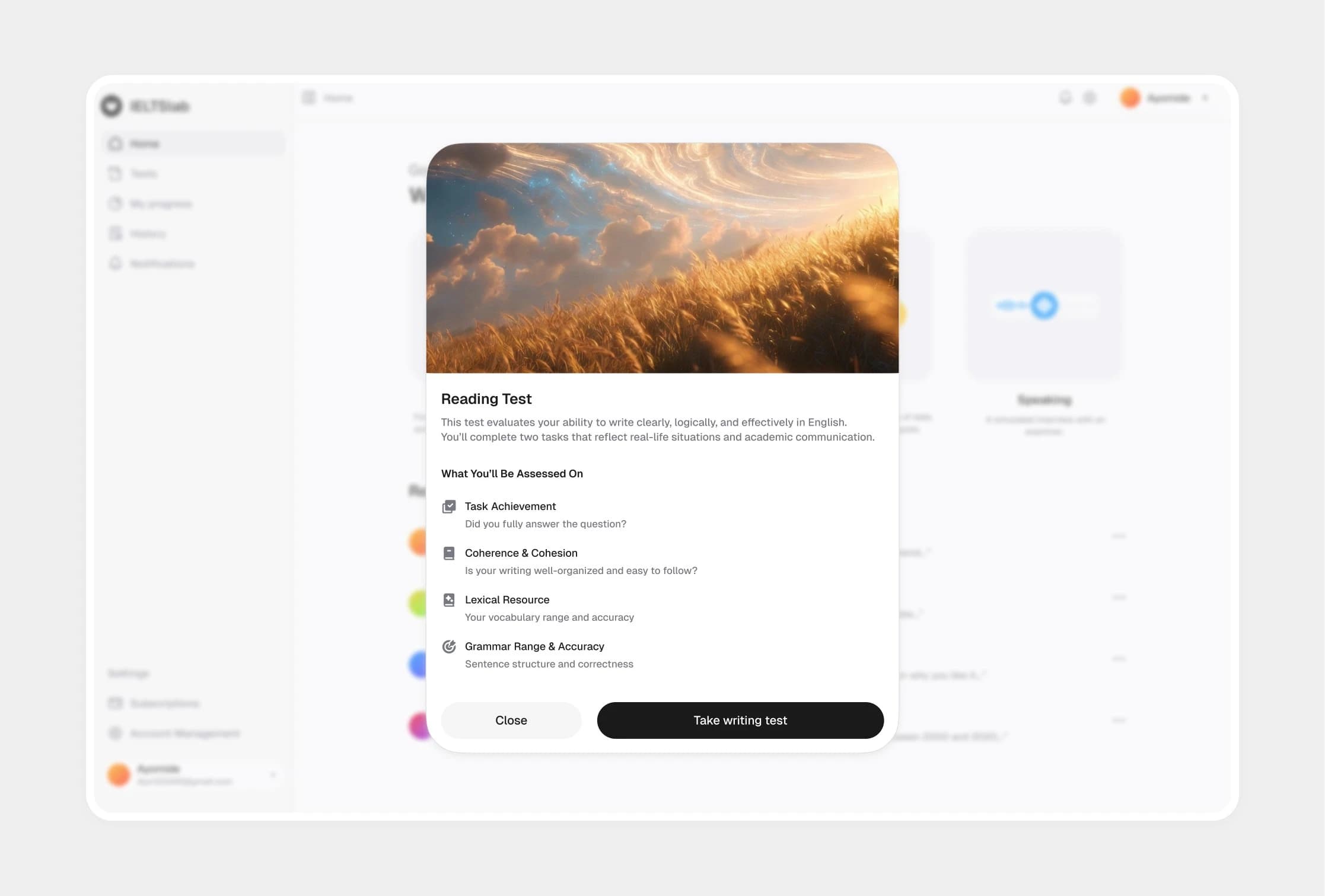 Light dashboard UI with left sidebar and a centered "Reading Test" modal showing a wheat-field image and an assessment checklist